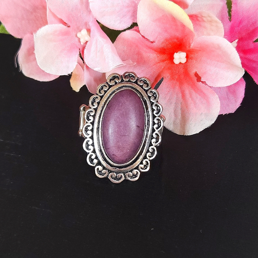 Silver Tone Purple Stone Statement Ring Adjustable Stretch Band